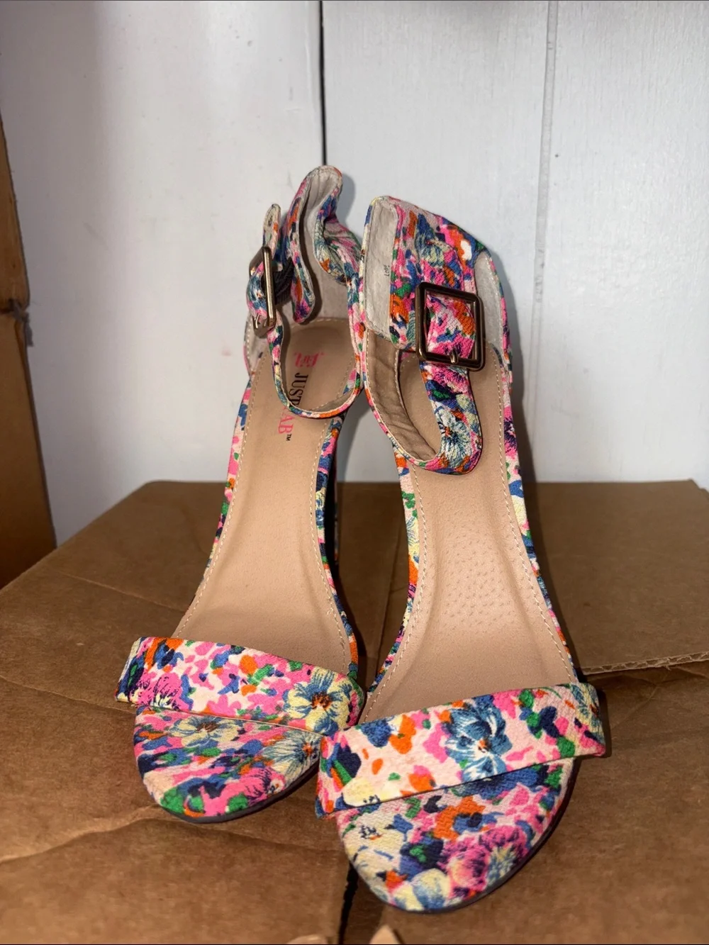 JustFab Floral Print High Heel Sandals with Ankle Strap size 7.5
